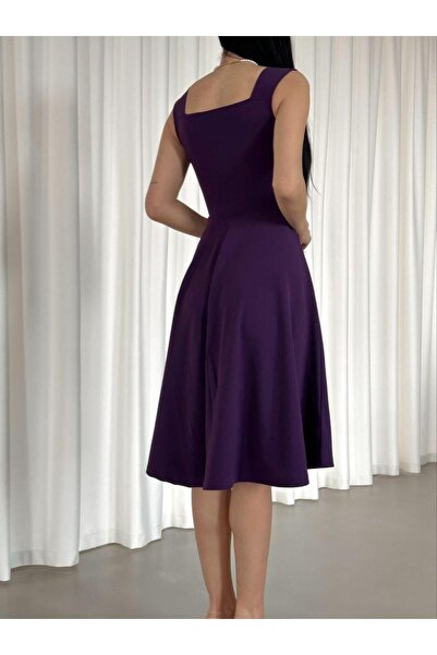 Modafeminen Askılı Kalp Yaka Midi Boy Krep Kumaş Abiye Elbise 582187 Mor