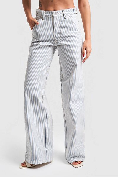 its basic Denim de damă cu dungi albastre - cu detaliu de curea, design cu picioare late