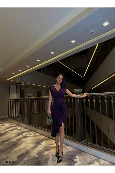 Modafeminen Kadın Esnek Krep Kumaş Kruvaze Yaka Volanlı Tasarım Abiye Elbise 583160 Mor