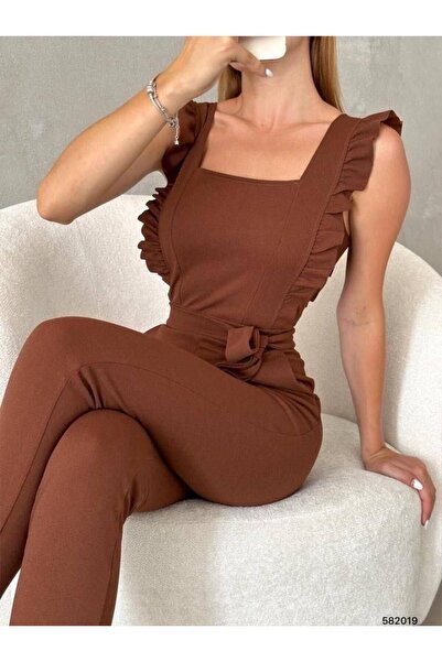 Modafeminen Kolu Fırfırlı Kuşaklı Tulum  582019 Kahverenk