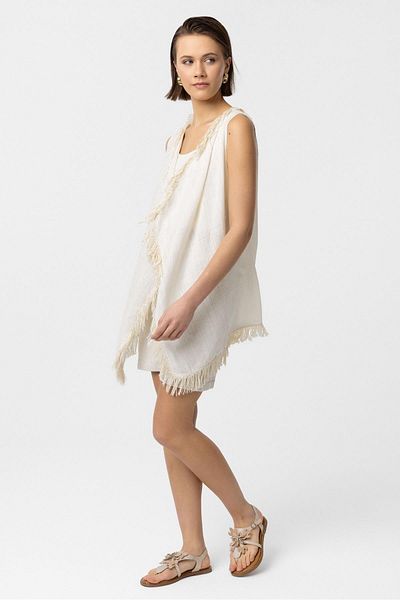 Deriderim Cream Asymmetrical Cut Tasseled Cotton Vest