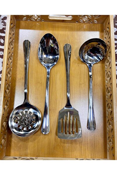 Fİ HOME 4 Piece Steel Flat Serving Set Ladle Colander Spoon Spatula Set Dowry Kitchen Set