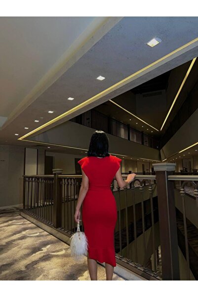 Modafeminen Női rugalmas krepp szövet, kétsoros gallérral, fodros dizájn estélyi ruha 583160 piros