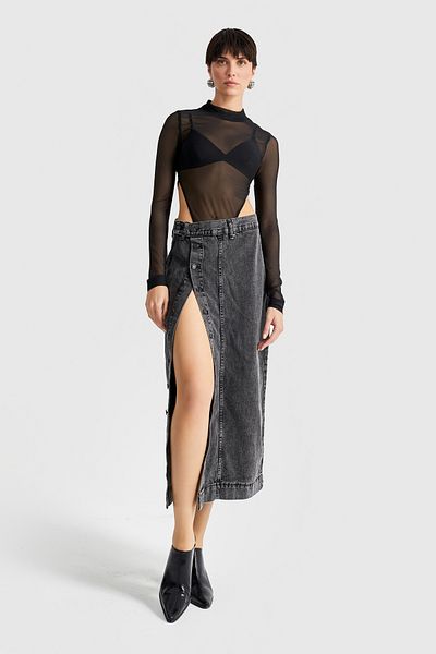 its basic Fusta de damă, gri afumat, cu nasturi în față, lungime maxi, din denim