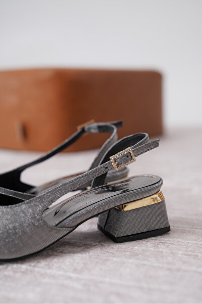 Moda Değirmeni Platinum Silvery Women's Silvery Short Heeled Stylish Evening Dress Heeled Shoes Md1001-119-0017