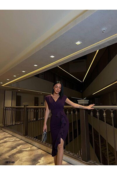 Modafeminen Kadın Esnek Krep Kumaş Kruvaze Yaka Volanlı Tasarım Abiye Elbise 583160 Mor