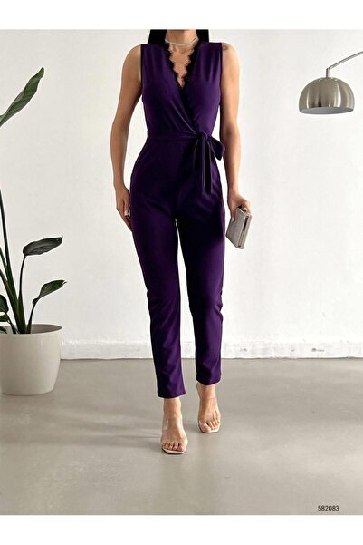 Modafeminen Dantelli Yaka Krep Kumaş Tulum 582083 Mor