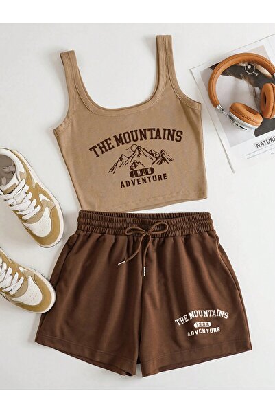 LUNAVISTA Mountain and Letter Print Sleeveless T-Shirt and Shorts Set