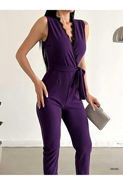 Modafeminen Dantelli Yaka Krep Kumaş Tulum 582083 Mor