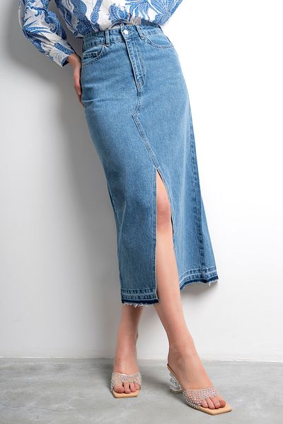 its basic Fusta lungă din denim cu talie înaltă, de culoare albastră