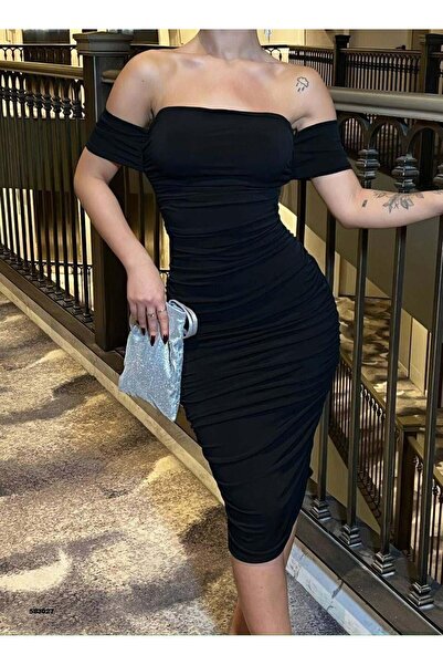 Modafeminen Women's Off Shoulder Draped Midi Dress 583027 Black