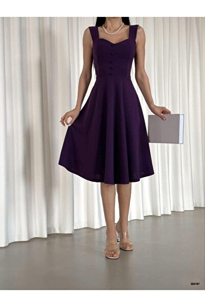 Modafeminen Askılı Kalp Yaka Midi Boy Krep Kumaş Abiye Elbise 582187 Mor