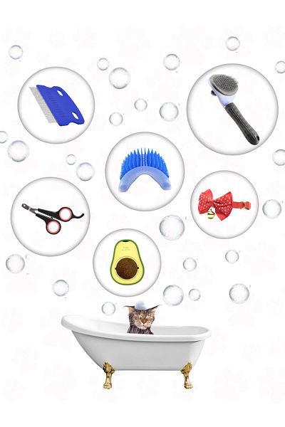 Petilux Cat Grooming Set - Automatic Comb Flea Comb, Nail Clipper, Bow Tie Avocado Itching Apparatus