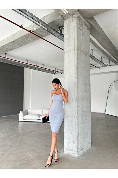 Modafeminen Kalp Yaka Kalın Askılı Krep Kumaş Kalem Elbise 581812 Gri