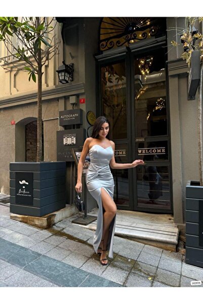 Modafeminen Scuba Fabric Double Breasted Neckline Evening Dress - Waist Tie and Stylish Design 582836 Gray