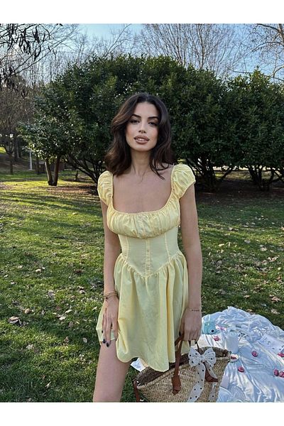 LOCH BUTİK ROCHIE MINI FEMEIE GALBEN CU MÂNECĂ PEPENE VERDE