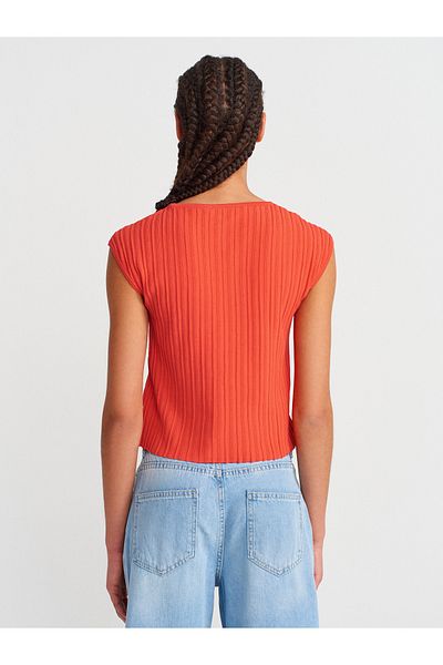 Dilvin 10738 Crew Neck Ribbed Thin Knitwear Blouse-A.Red