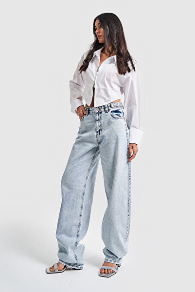 its basic Blugi de damă Snow, culoare Lotus, lungi, largi, din denim