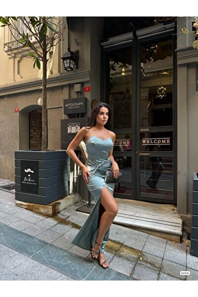 Modafeminen Scuba Kumaş Kruvaze Yaka Abiye Elbise - Bel Büzgülü ve Şık Tasarım 582836 Mint