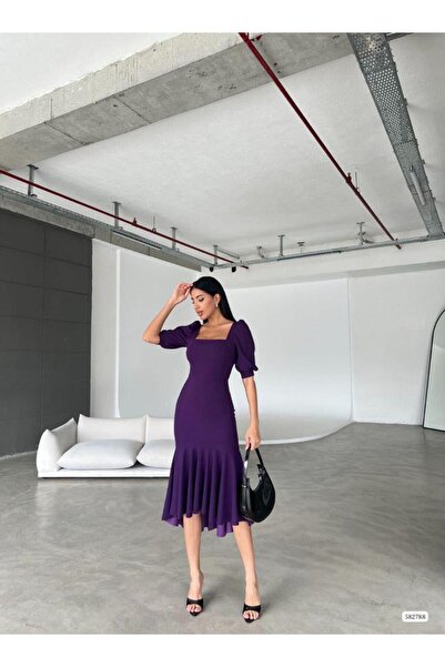 Modafeminen Kare Yaka Eteği Fırfır Detay Midi Boy Abiye 582788 Mor