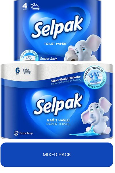 Selpak Super Soft Bathroom R. Toilet Paper 3ply 4 Rolls x Super Absorbent Kitchen Paper Towel 3Ply 6 Rolls