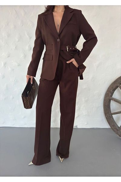 MYGİYİMİSTANBUL Detaliu centură Blazer Jachetă Set Pantalon largi-Costum damă