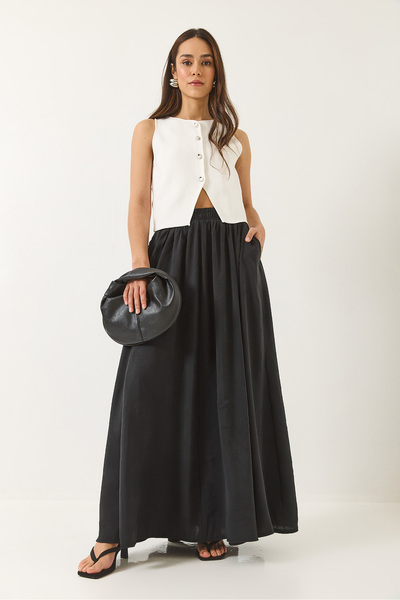 Bianco Lucci Dámska modalová dlhá rozšírená sukňa s elastickým vreckom v páse 5002 60271023