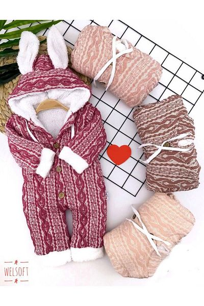 Skygo 6-9-12-18 Months Button Closure Eared Hooded Motif Patterned Knitted Fabric Baby Girl and Boy Rompers
