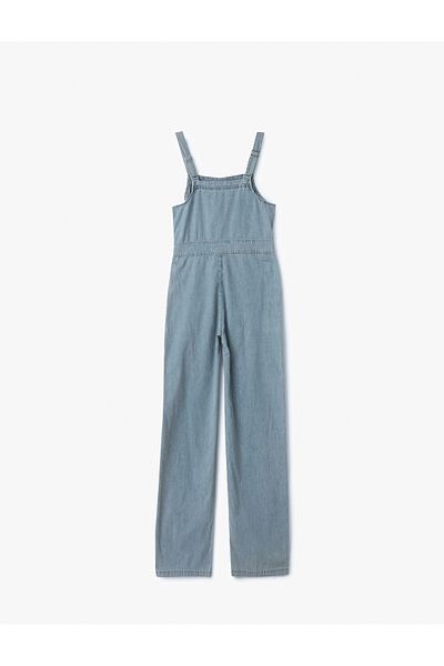 Koton Square Neck Pocket Stitching Detailed Sleeveless Denim Jumpsuit