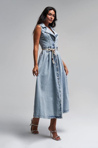 its basic Snow Colored Belted Maxi Denim Dress - A Type