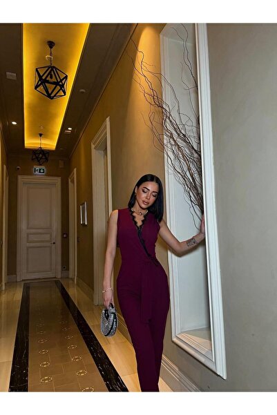 Modafeminen Dantelli Yaka Krep Kumaş Tulum 582083 Mordum