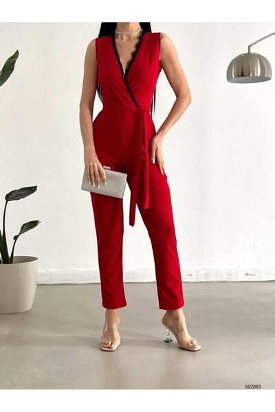 Modafeminen Dantelli Yaka Krep Kumaş Tulum 582083 Kirmizi