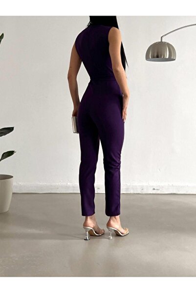 Modafeminen Dantelli Yaka Krep Kumaş Tulum 582083 Mor