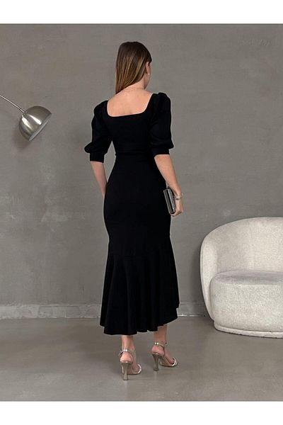 Modafeminen Φούστα με τετράγωνο γιακά βολάν Λεπτομέρεια Midi βραδινό φόρεμα 582788 Μαύρο