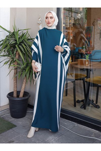 SAHRA BUTİK Petrol Colored Striped Knitwear Bat Dress - Sahra Boutique