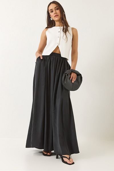 Bianco Lucci Women's Elastic Waist Pocket Detailed Modal Long Flared Skirt 5002 60271023