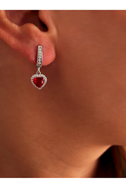 Silveranka 925 Ayar Gümüş Kırmızı Kalp Küpe