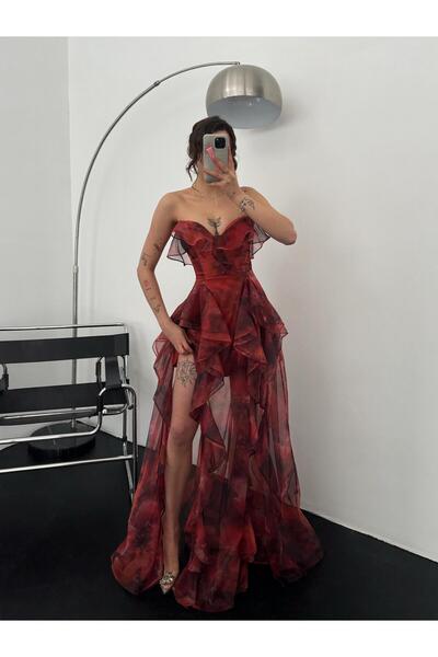 Serica Moda Kırmızı Fırfır Detaylı Straplez Şifon Tül Mor Abiye Elbise