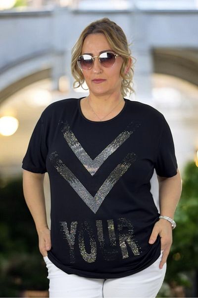 yagmurberen Pul Sequin Printed Large Size Crew Neck Bluz