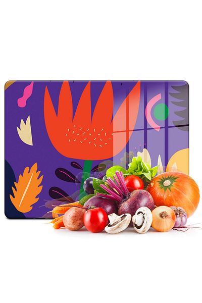 Decovetro Glass Cutting Board and Presentation Holder Purple Tulip Patterned 20X30 cm