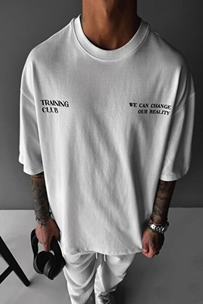 Millionaire Erkek Ekru Beyaz Training Club Oversize Fit Bol Geniş Kalıp Salaş Kesim T-shirt