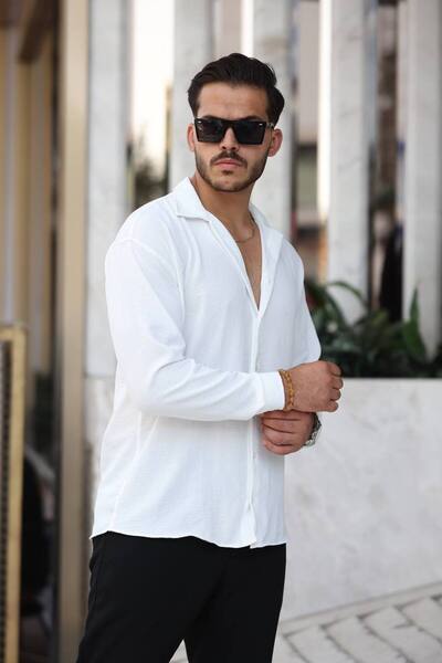 Miralbas Men's White Linen Look Long Sleeve Oversized Aerobin Shirt