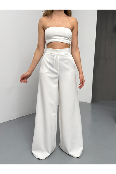 Milamia بنطلون بالازو أبيض عالي الخصر