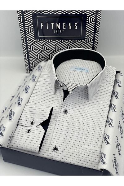 Fitmens Classic Long Sleeve Dot Patterned Men's Shirt with Gift Box Fs- 001259   - White Black