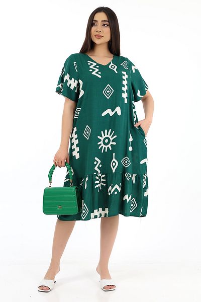 SCHIK Rochie de damă din viscoză cu jumătate de mânecă, cu decolteu în V, cu buzunare, verde închis
