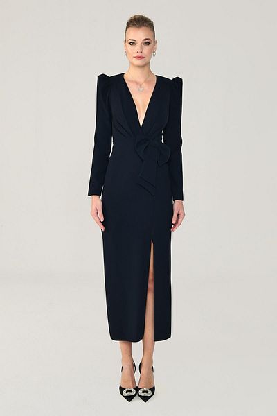 ALFABETA V Neck Long Sleeve Slit Long Evening Dress