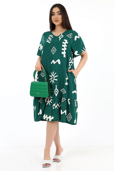 SCHIK Rochie de damă din viscoză cu jumătate de mânecă, cu decolteu în V, cu buzunare, verde închis