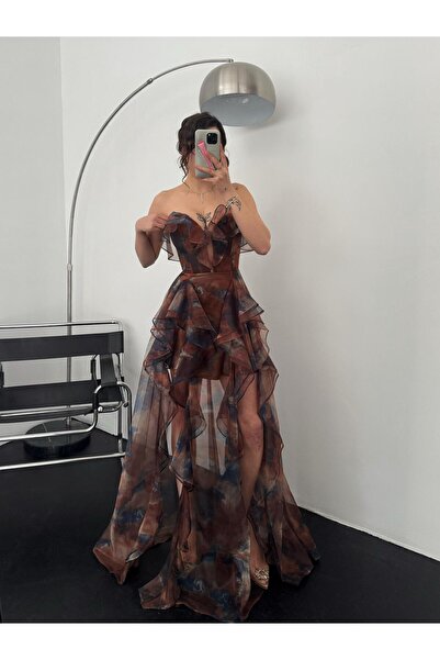 Serica Moda Βραδινό φόρεμα με λεπτομέρεια στράπλες σιφόν τούλι μωβ