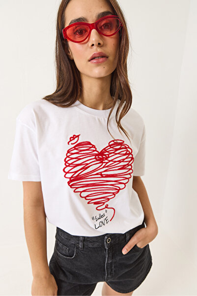 Bianco Lucci Γυναικείο βαμβακερό κοντομάνικο μπλουζάκι με λαιμόκοψη με καρδιά κεντημένο 60602028