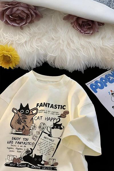 Karakedi Μπλουζάκι Fantasy Cat Happy Coffee Unisex Beige